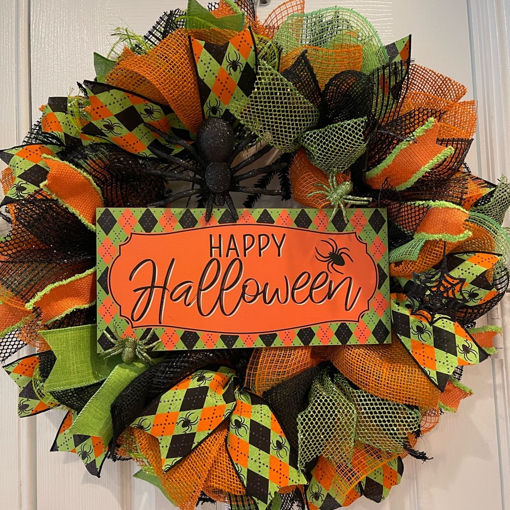 Halloween Wreath Happy Halloween BLK, orange, lime argyle Spider GLITTER wreath